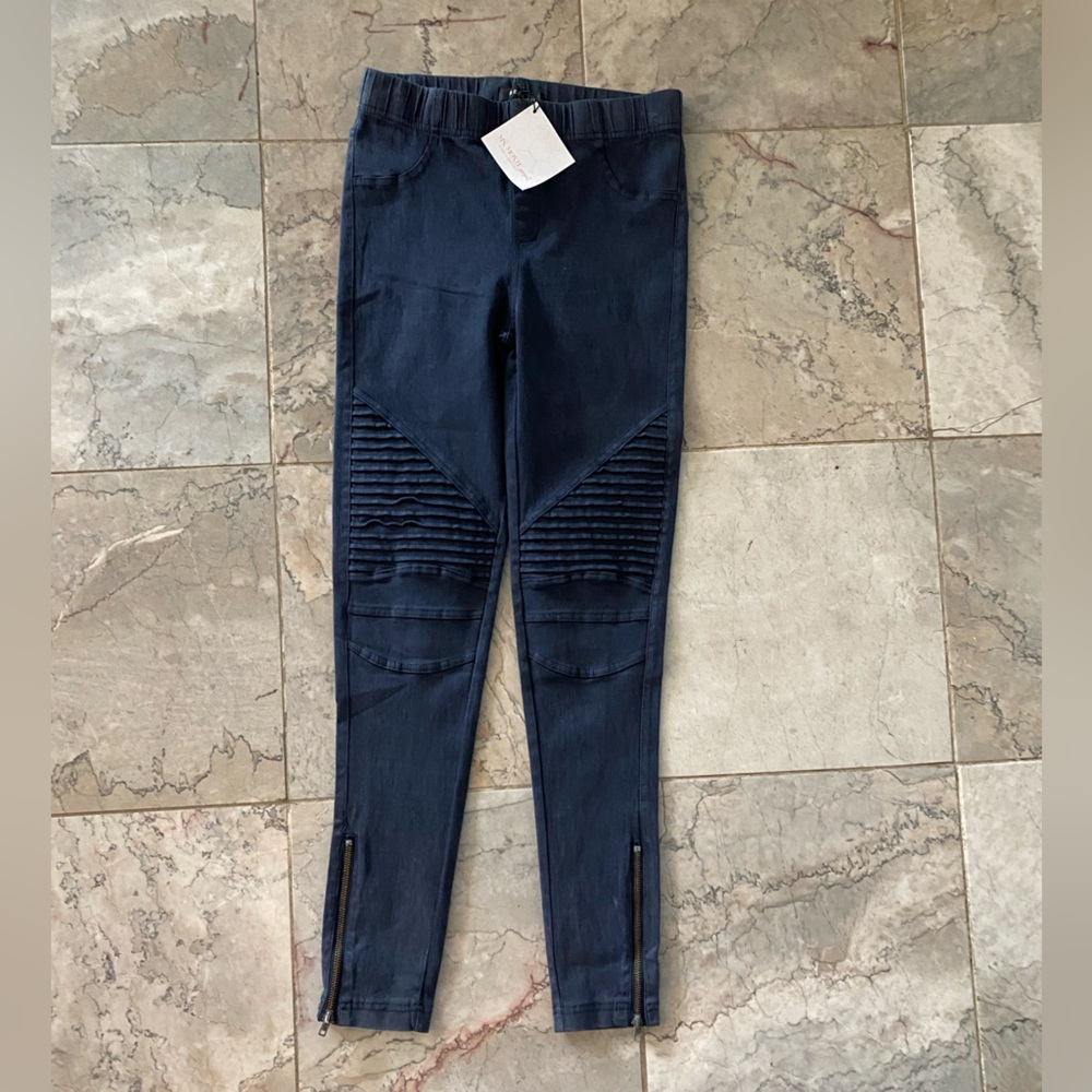 Beulah Blue Stretchy Rippled Knee Tapered Leg Ankle Zipper Pants Legging